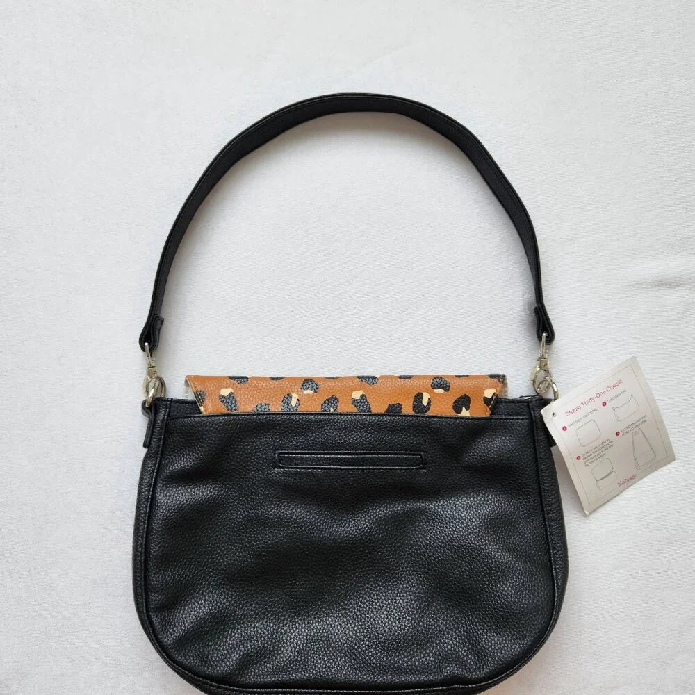 NEW Thirty One Leopard Print Black Faux Leather Shoulder Bag Purse Classy Glam - Picture 2 of 12